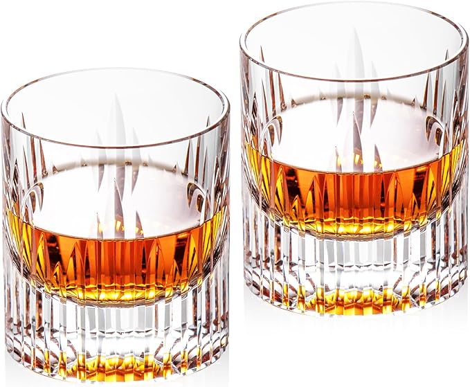 KAMMAK Crystal Whiskey Glasses Set of 2, Luxury 7.44oz Old Fashioned Glasses Stemless, Hand Blown Cocktail Glasses, Handcrafted Cut White Scotch Cup for Women, Men Gift for Bourbon,Home Bar