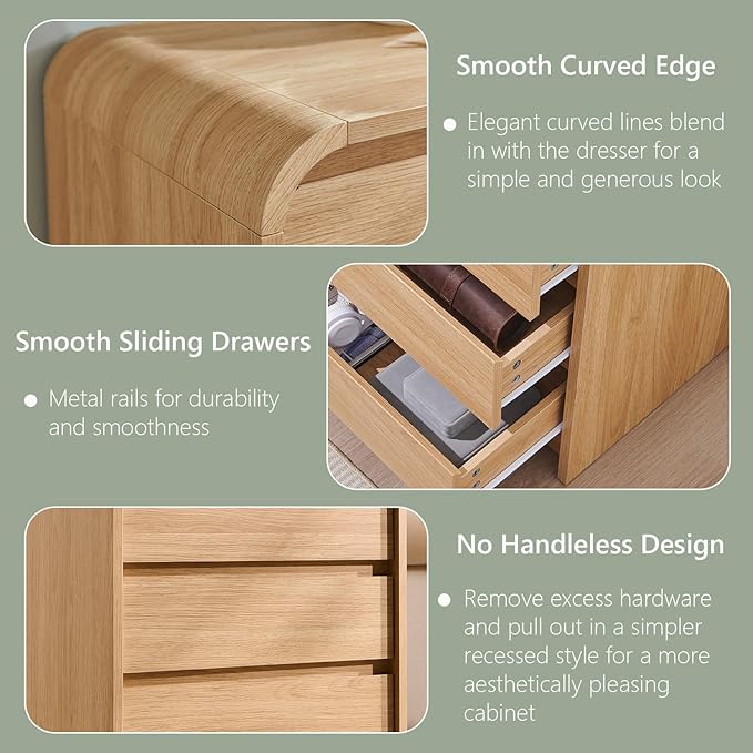 25" Tall Modern Nightstand Set of 2, 23.6" Wide Wood Bedside Table with Charging Station, 3 Storage Drawers Side Table w/Curved Profile Design,End Table for Bedroom, Natural Oak