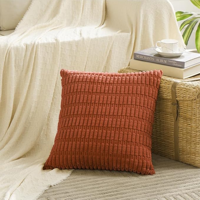 Fancy Homi 4 Packs Boho Burnt Orange Fall Decorative Throw Pillow Covers 14x14 Inch for Couch Bed Sofa, Rustic Modern Farmhouse Home Decor, Soft Plush Corduroy Cute Square Cushion Case 35x35 cm