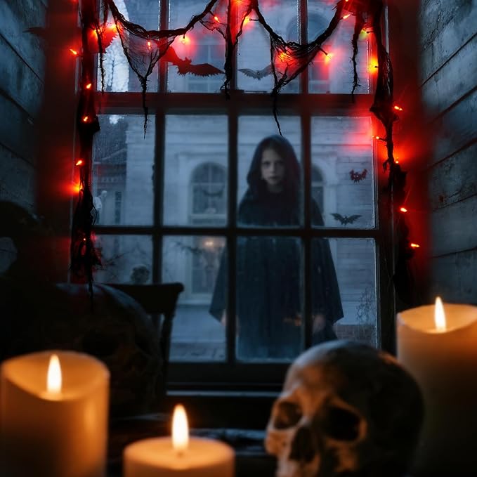 Halloween Horror Atmosphere Lights, Orange&Purple LED String Lights with 9.9FT Creepy Black Gauze, Battery Powered with Timer & 8 Flashing Modes (Red)