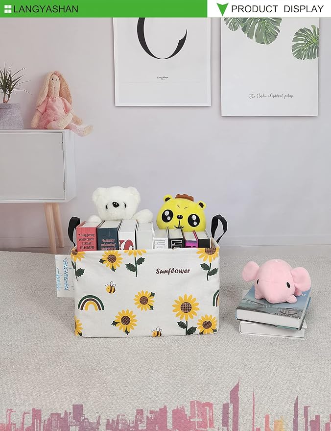 LANGYASHAN Rectangular Storage Bin Collapse Canvas Fabric Cartoon Storage Basket with Handles for Organizing Home Kitchen Boys and Girls Toys Office Closet Shelf Baskets(Rec Sunflower)