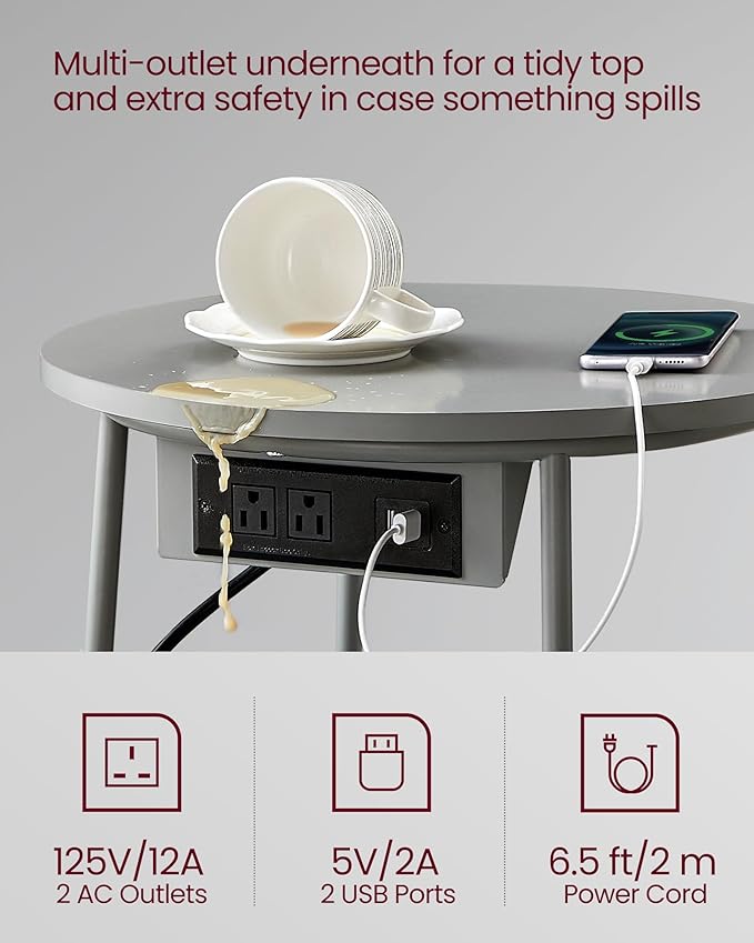 VASAGLE Side Table with Charging Station, Round End Table with Fabric Basket, Nightstand with Power Outlets, USB Ports, for Living Room, Bedroom, Modern, Dove Gray and Slate Gray ULET228G01