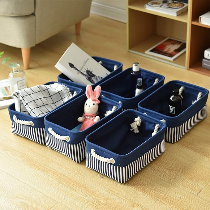 TcaFmac Small Storage Baskets [6 Pack] - Navy Blue Rectangular Storage Bins with Blue Stripes