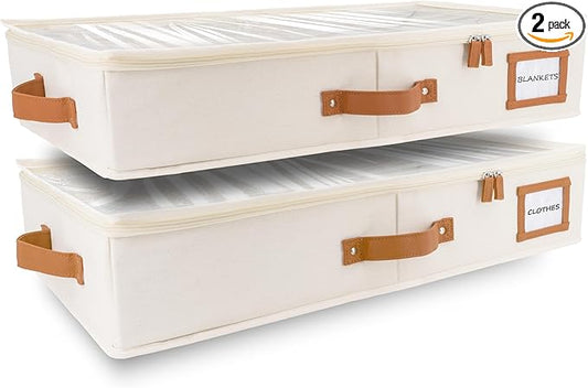 HOMELUX THEORY 2pc Under Bed Storage Containers, Bedroom Under the Bed Drawer Storage Organizer with Bins and Lids, Medium Underbed Clothes Storage Box Ideal for Blanket, Fabric, & Shoes (Ivory)