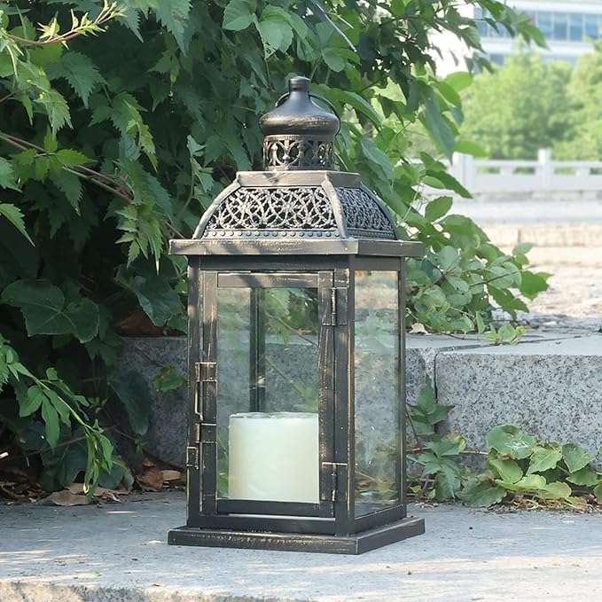 DECORKEY Lanterns Decorative Indoor&Outdoor, 14.4'' Large Black Square Hanging Lanterns, Vintage Metal Candle Holder for Outdoor Patio Front Door Porch Wedding Party Decor