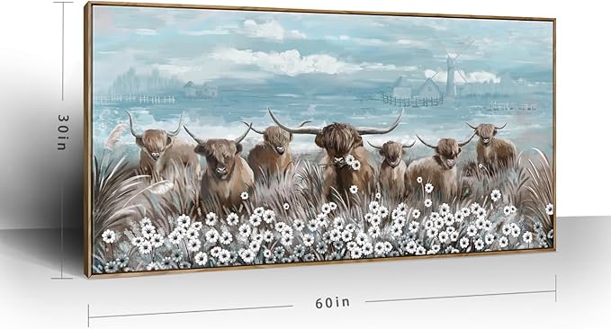 Extra Large Framed Wall Art for Living Room Big Boho Farmhouse Highland Cow Canvas Artwork Flower and Animal Picture Rustic Coastal Blue and Brown Decor for Office Bedroom Kitchen
