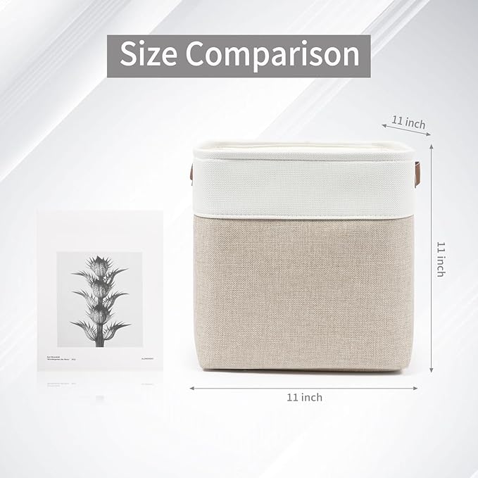 Collapsible Fabric Storage Cubes 11x11 Cube Storage Bins, 4 Pack Closet Baskets Box with Handles for Organizing, Shelf, Toys, Clothes, Home, Office, Nursery (Beige&White)