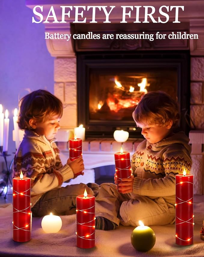 Red Flameless Candle with Remote Control LED Candle with String Lights Battery Powered Flameless Candle4'' 5'' 6'' 7'' 8'' Candles of 5 Pcs