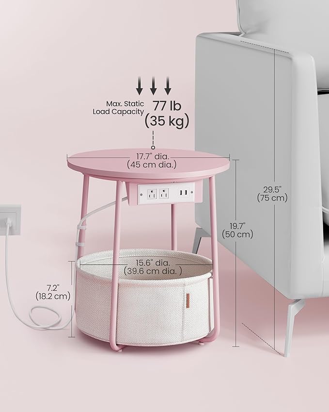 VASAGLE Side Table with Charging Station, Round End Table with Fabric Basket, Nightstand with Power Outlets, USB Ports, for Living Room, Bedroom, Modern, Jelly Pink and Cream White ULET228R01