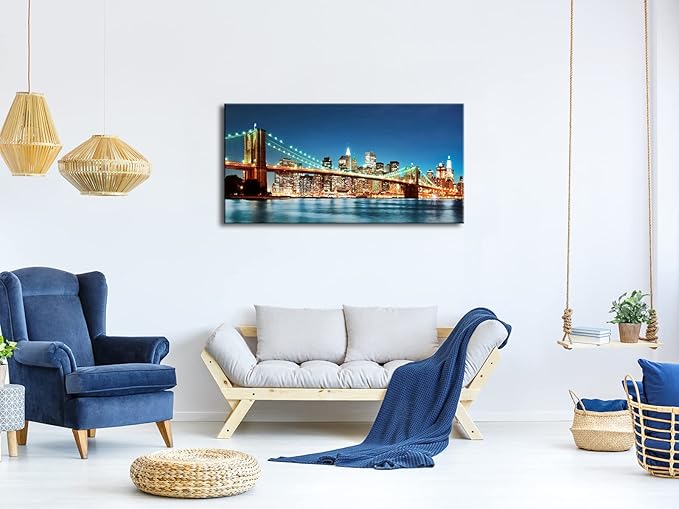 Pyradecor Large Modern New York Cityscape Canvas Wall Art Brooklyn Bridge Night View Canvas Prints Stretched Landscape Pictures Paintings Artwork for Living Room Home Decorations L