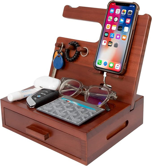 Solid Wood Nightstand Organizer by SolaJoy, Docking Station, Gifts for Men, Made of Cedar, Versatile Bedside Table Organizer for Cellphone, Watch, Headphone, Keys Walnut Wood