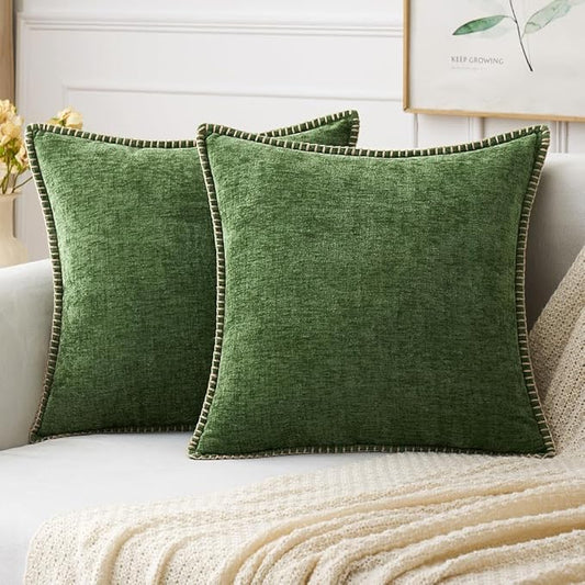 MIULEE Pack of 2 Christmas Pillow Covers 20x20 Inch Moss Green Farmhouse Decorative Throw Pillow Covers with Stitched Edge Soft Chenille Solid Dyed Couch Pillow Covers for Sofa Bed Living Room