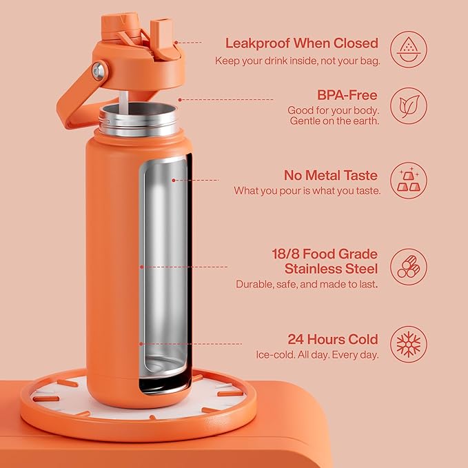 Insulated Water Bottle with Straw Stainless Steel Water Bottle, Leak-Proof, BPA-Free, Double Wall Vacuum Keeps Cold for 24 Hours for Sports, Travel, School (32 oz, Moderate Orange)
