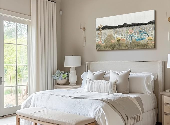 Large Wall Art for Living Room Farmhouse Wall Decor, Modern Boho Vintage Organnic Country Rustic Cottagecore Neutral Landscape Artwork with Mountains Bicycle Flower, Floral Picture Bedroom Kitchen