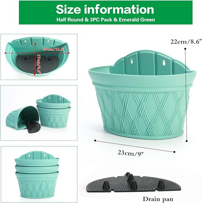 Sungmor Wall Hanging Planters,11.5 Inch Hanging Flower Pots for Railing Fence - Indoor Outdoor Balcony Wall Planter Hanging Basket, Plastic Pot Plant Container - Half Round & 3PC Pack & Green