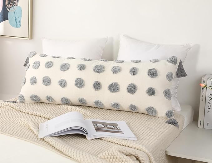 PANOD Decorative Long Lumbar Pillow Cover 14x36 Boho,Super Soft Chenille Extra Long Lumbar Pillow Case Cover with Tassel for Bed Sofa Couch Farmhouse Livingroom,Grey,Modern Skinny