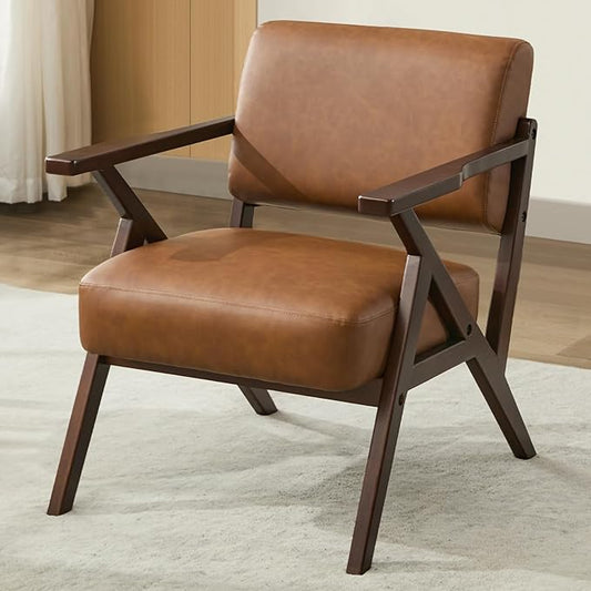 Mid-Century Modern Lounge Armchair - Genuine Brown Leather with Solid Wood X-Base Frame, Seat Cushion - for Living Room, Study, Balcony Retro Design, Brown Leather