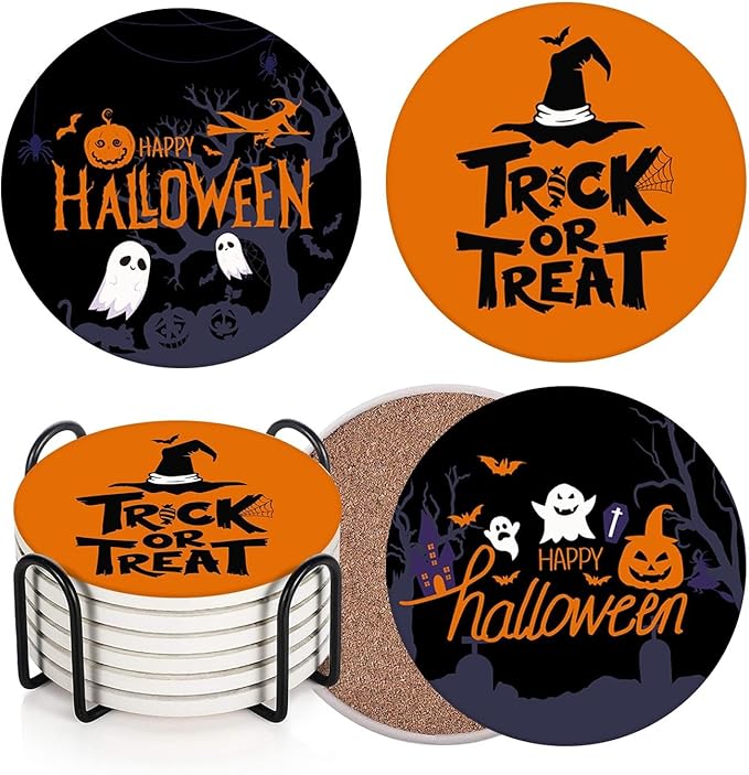 Coaster for Drinks Set of 6, Happy Halloween Orange and Black Trick or Treat Absorbent Round Ceramic Stone Mat, with Cork Base and Metal Holder, Gift for Housewarming Room Bar Decor