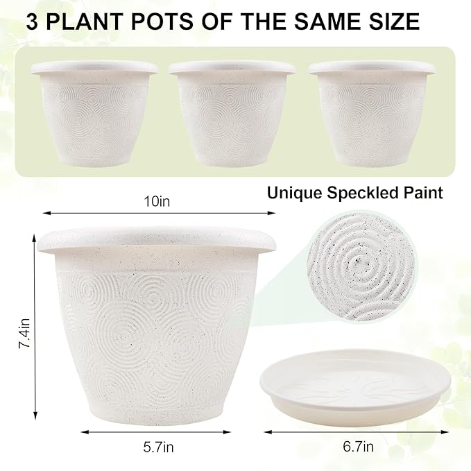 Plastic Flower Pots Planters for Indoor Plants, 3 Pack 10 Inch White Plant Pots with Drainage Hole & Tray, Modern Decorative Large Plant Pot with Saucer for Indoor Outdoor Plants Garden House Planter