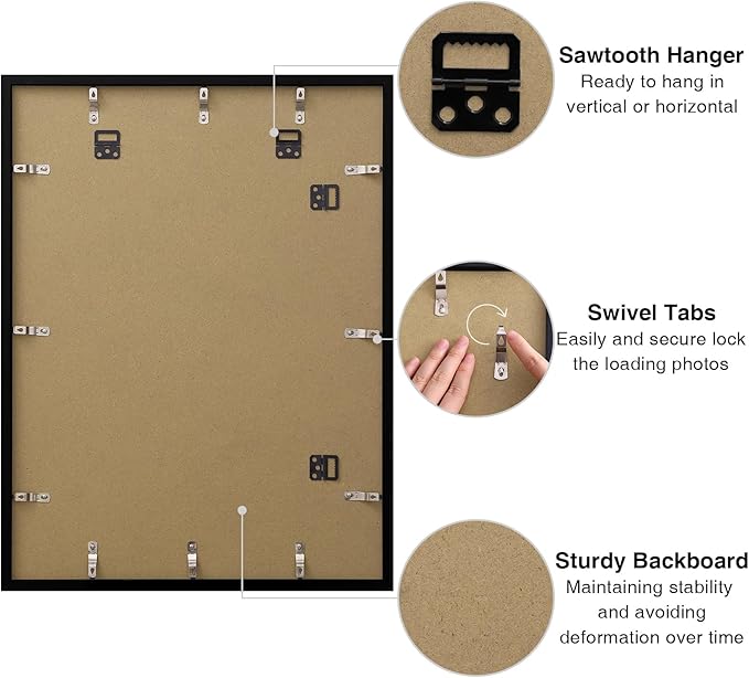 Vittanly 18x24 Picture Frames Set of 9, Shatter Resistant Plexiglass, Display 16x20 Pictures with Mat or 18x24 without Mat, Photo Frames for Wall or Tabletop, PVC Frame, Black