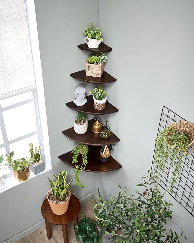 Corner Shelves, Floating Corner Shelf, Set of 3 Solid Oak Wood Corner Wall Shelves, Round End with Wire Hole Shelving for Small Plant for Bedroom Kitchen, Living Room (Size 9/10/12in)