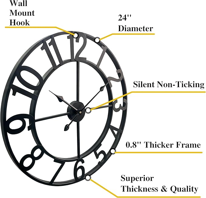 CLXEAST 24 Inch Wall Clocks for Living Room Decor, Black Metal Wall Clock, Arabic Numeral