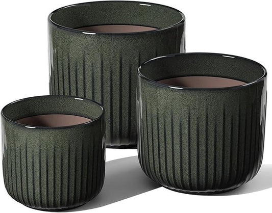 LE TAUCI Fluted Ceramic Planters Set of 3 – 8.3/7 / 5.7 in Dark Olive Reactive Cylinder Indoor Plant Pots with Drainage Plug & Mesh, Glossy Stoneware Flower Pots for Succulents Herbs