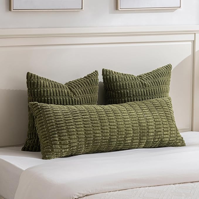 Fancy Homi 4 Packs Boho Moss Green Decorative Throw Pillow Covers 24x24 Inch for Couch Bed Sofa, Rustic Modern Farmhouse Home Decor, Soft Plush Corduroy Cute Square Cushion Case 60x60 cm