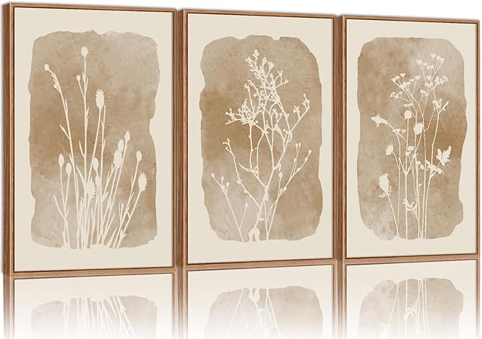 SIGNINART Boho Botanical Framed Canvas Wall Art Set, Neutral Wildflower Wall Decor, Vintage Floral Wall Painting, Art Print for Farmhouse Living Room, Bedroom, Office, Bathroom 16"x24"x3