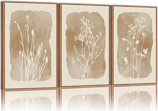 SIGNINART Boho Botanical Framed Canvas Wall Art Set, Neutral Wildflower Wall Decor, Vintage Floral Wall Painting, Art Print for Farmhouse Living Room, Bedroom, Office, Bathroom 16"x24"x3