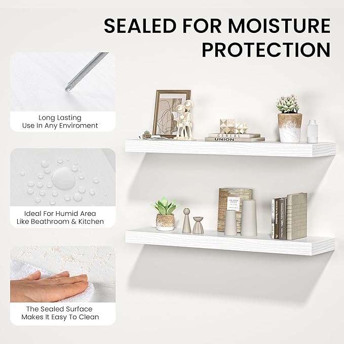Floating Shelves for Wall,40" W x 8" D x 1.5" H, Wooden Wall Mounted Display Shelves with Invisible Brackets for Living Room, Bedroom, Bathroom, Kitchen Decor and Storage, Set of 2, White