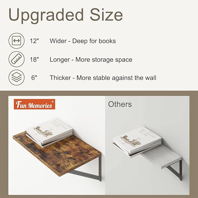 18"W x12"D Floating Shelves, Farmhouse Wall Shelves Home Decor Shelf, Deep Bathroom Shelf with Bracket, 12 Inch Deep Wall Shelves for Living Room, Kitchen, Bedroom, Rustic Brown, Set of 2