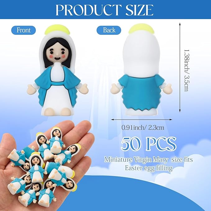 50 Pcs Mini Virgin Mary Figurines Bulk – 1.38" Little Mary Statues, Blue and White Holy Mother Figures for Religious Party Favors, VBS, Catholic Mini Gifts