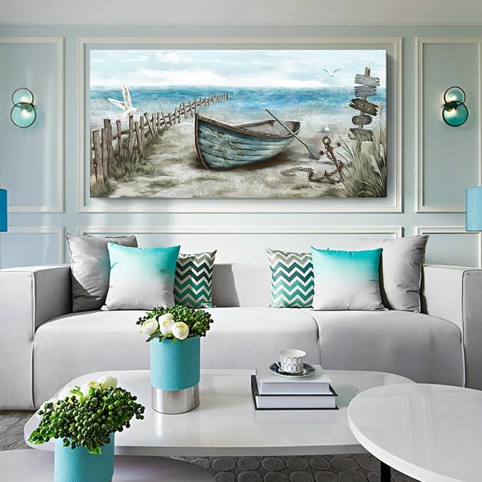 Wall Art for Living Room Large Beach Decor Picture Seagull Vintage Boat Artwork Ocean Sea Bird Canvas Print Seascape Nautical Painting Blue Teal Rustic Coastal Themed Cottage Bedroom Office Décor