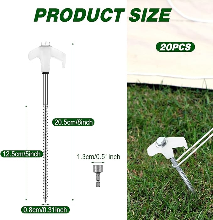 Hicarer 20 Pcs 20 Pcs 8'' Screw in Tent Stakes Heavy Duty Ground Metal Stakes for Inflatables with Hex Head Driver for Outdoor Camping Tent Inflatable Garden Decor (Luminous White)