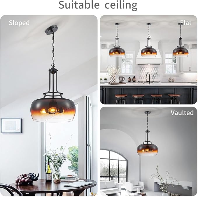 WUZUPS Chandelier Rustic Farmhouse Industrial Round Ceiling Pendant LED Light Fixture with Amber Gradient Black Glass Shade for Dining Room Kitchen Island Foyer Entryway, H 20.9" W 15.9", E26 Base