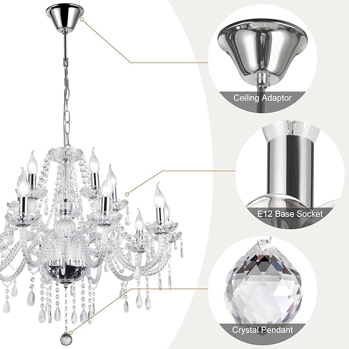 Modern Elegant 10 Lights K9 Crystal Glass Chandelier Silver Pendant Ceiling Lighting European Style for Dining Living Room Bedroom Transparent, 10 E12 Bulbs Required