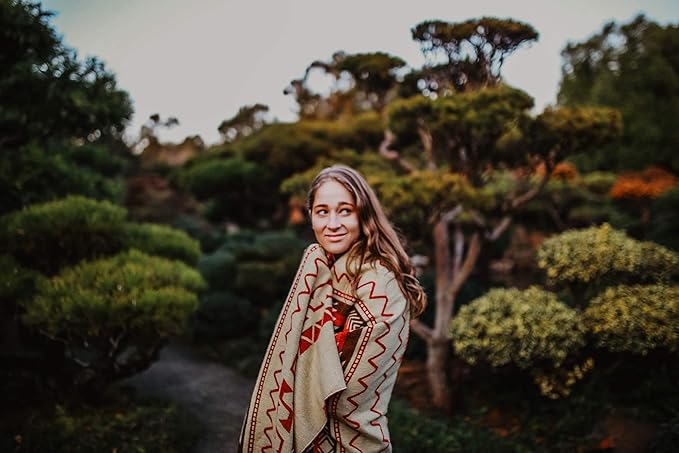 Inca Aztec Throw, Queen, King Blanket | Southwest Indian Navajo Boho Style | Native Cover for Camping, Bedding, Couch, Vanlife | Faux Alpaca, Lightweight, Hypoallergenic (Inti Red, Queen)