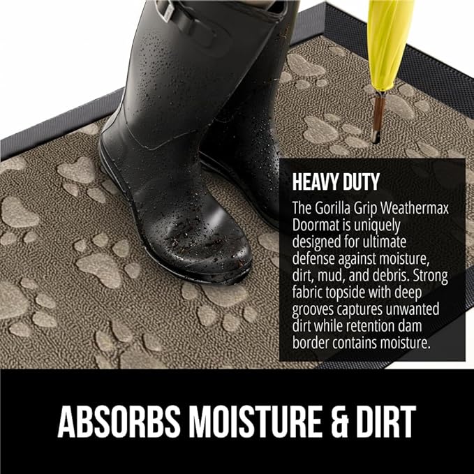 GORILLA GRIP 100% Waterproof All-Season WeatherMax Doormat US Designed Natural Rubber, Stain and Fade Resistant, Low Profile Indoor Outdoor Door Mats, Easy Clean Patio Mat, 17x29, Tan Pawprints