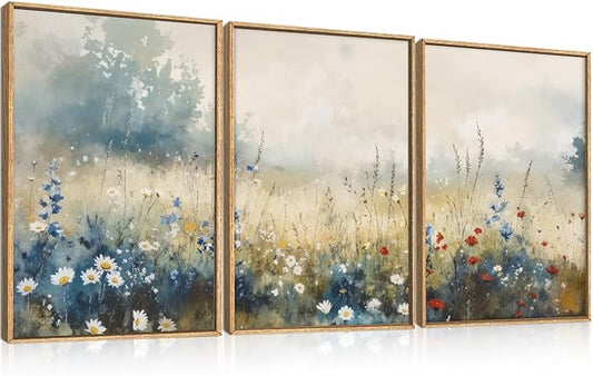 Nature Wildflower Framed Canvas Wall Art Set, Pastoral Landscape Wall Decor, Colorful Meadow Wall Painting, Rustic Floral Art Print for Living Room, Bedroom, Office - 16"X24"X3