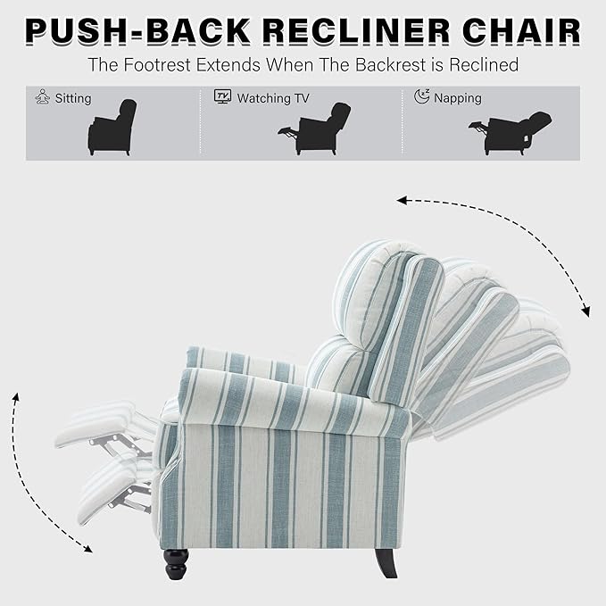 UIXE Pushback Recliner Chairs Set of 2, Fabric Armchair Push Back Accent Chair, Rivet Trim Club Chair Home Theater Overstuffed Single Sofa Reading Seat for Living Room, Stripe Blue