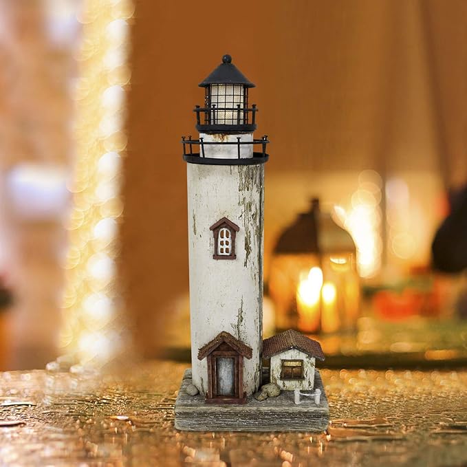 Linfevisi Wood Lighthouse Decor Rustic LED Light House Decor Wooden Decorative Nautical Lighthouse Statue Coastal Beach Themed Lighthouse Handcrafted Tabletop Decoration Home Bathroom (12")
