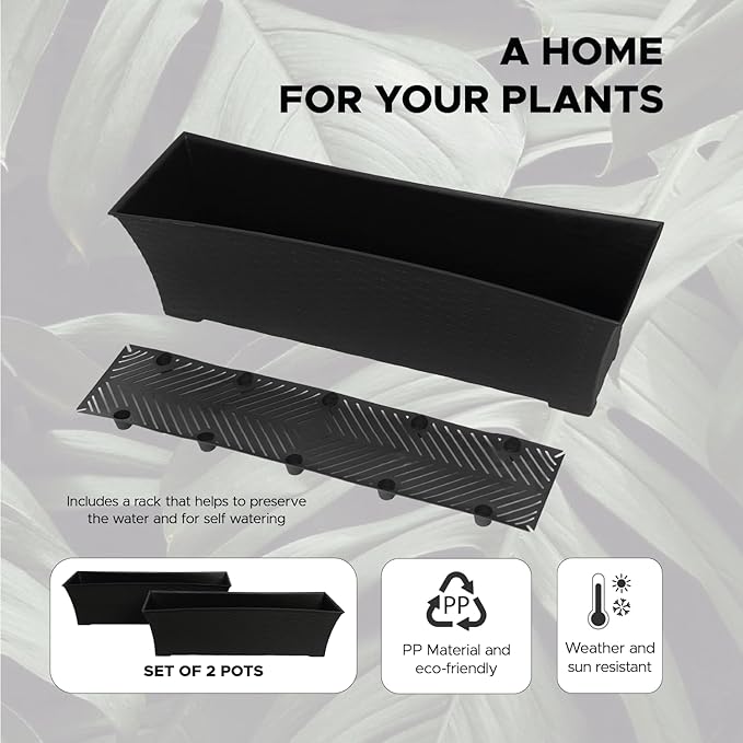 Elly Décor Set of 2 18x8 Rectangular Modern, Resistant and Self Watering Planter with Rattan-Like Finish, 18", Gray