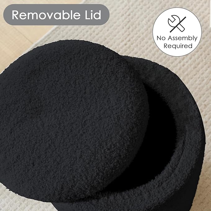 YFO Round Boucle Ottoman with Storage, Multifunctional Upholstered Vanity Chairs for Makeup, Soft Padded Seat with Removable Lid, Modern Rest Stool Seat for Living Room, Bedroom, Black