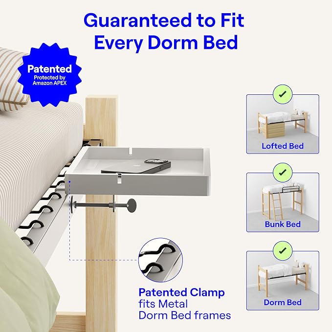 BedShelfie Bedside Shelf for Bunk Bed & Top Bunk, College Dorm Room Essentials, Loft Nightstand, Floating Bed Side Table Tray Storage, Dorm Room Decor by Smallish - (Flexfit Model, White)