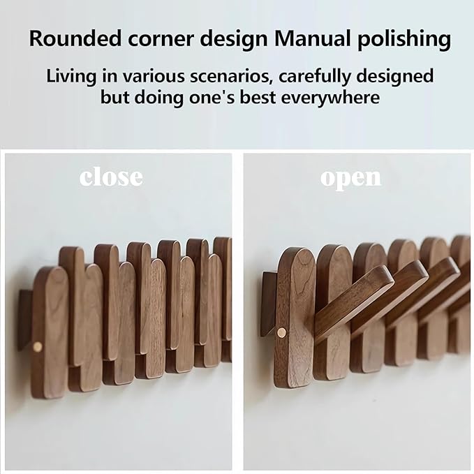 Wall Mounted Piano Key Hanger | Flip Style Hook | Entrance Wall Art Hook, Made of Oak Wood (3 Times Painted, 4 Times Polished) (Arc Walnut-Beech, 4Hooks)