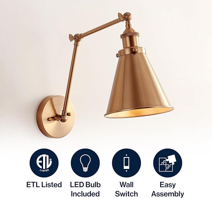JONATHAN Y JYL7461A Rover 7" Farmhouse Industrial Adjustable Arm Metal LED Wall Sconce Rustic Bohemian 2700K LED 4W Bulb for Entryway Lobby Kitchen Bathroom Bedroom Living Room Hallway, Brass Gold
