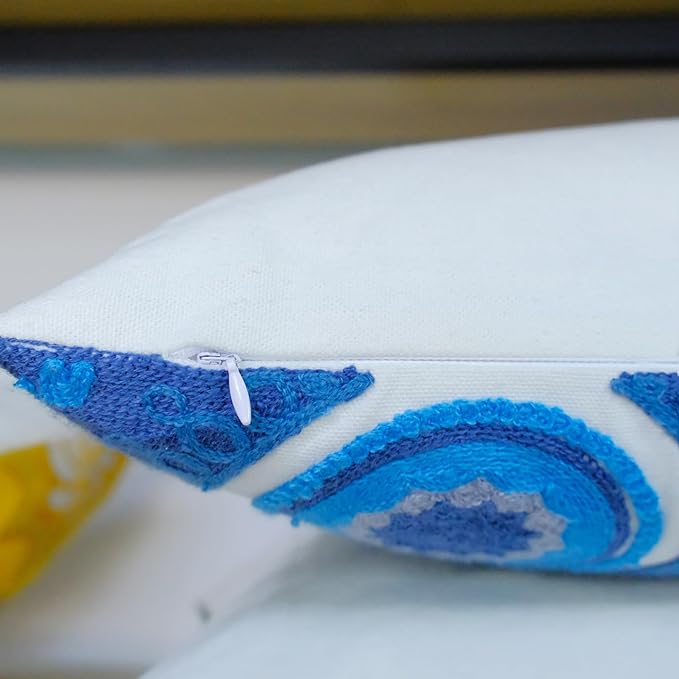 Embroidered Decorative Throw Pillow Cover, 18"x18" Set of 2, Farmhouse Pillowcase Colorful Butterfly Knit Pattern Cotton Canvas Cushion Case Square Floral Pillow Case for Sofa Couch Bed Living Room