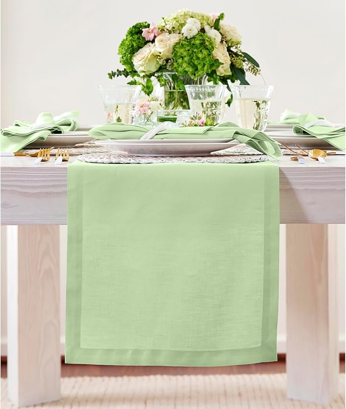 Solino Home Linen Pastel Green Table Runner 60 Inches - 100% Pure Linen Farmhouse Short Table Runner 14 x 60 Inch Ideal for Dresser and Coffee Tables - Fete