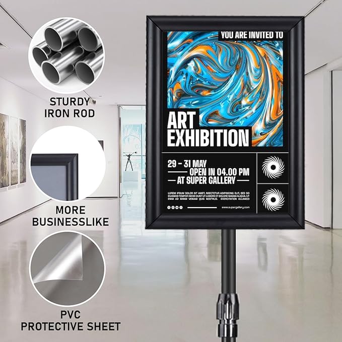 6 Pack Sign Holder Stand - 8.5 ×11 inch Standing Display Sign Stand, Adjustable Poster Sign Holder Heavy Duty Pedestal Floor Sign Stand, Snap Open Frame for Vertical & Horizontal View, Black